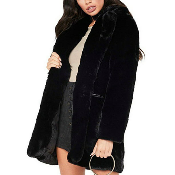 Allonly Womens Fashion Big Hood Black Faux Fur Long Sleeves Oversize Robe Style Warm Winter Coat with Belt 